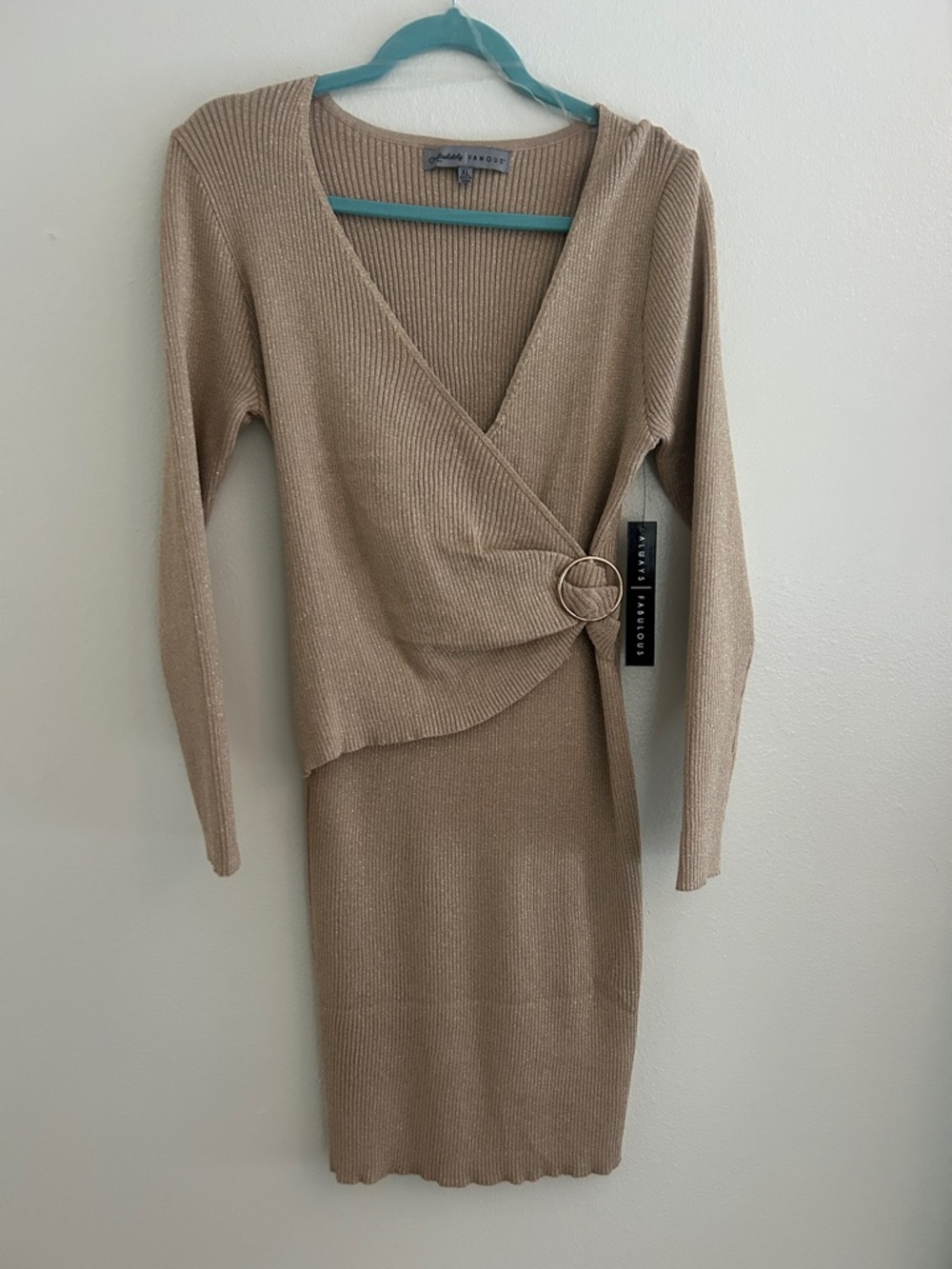 Absolutely Famous Tan and Gold Ribbed Faux Wrap Long Sleeve Midi Dress NWT